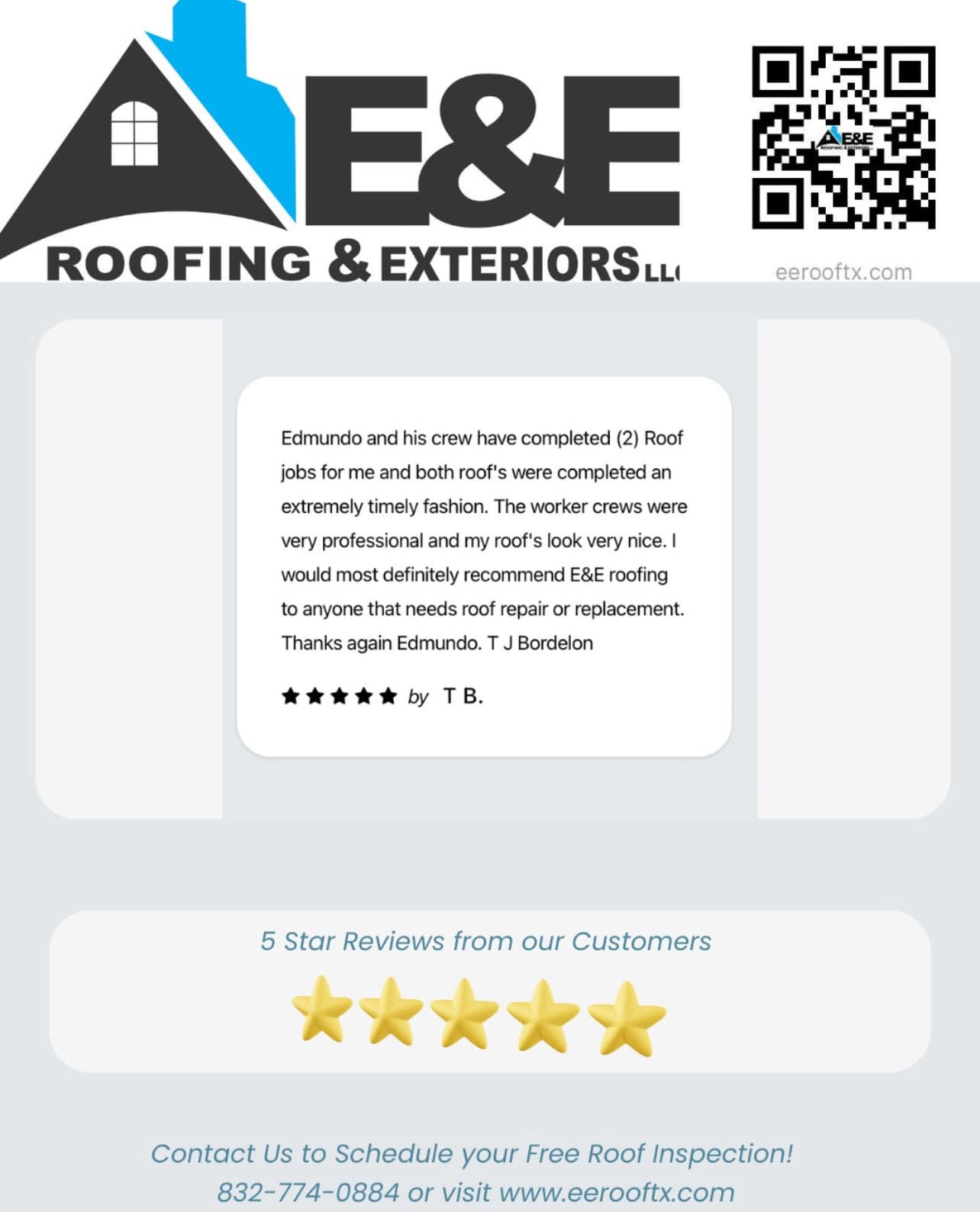 5-Star Customer Reviews for E & E Roofing & Exteriors image